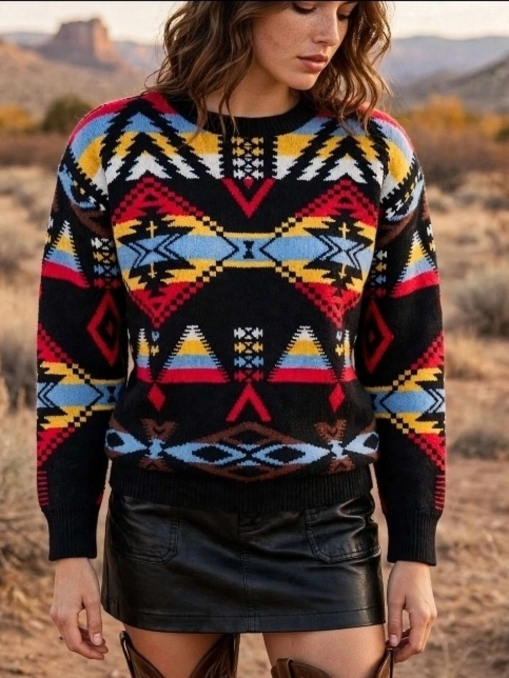 Women's Black Geometric Pattern Pullover Sweater - Multicolor NWT Boutique